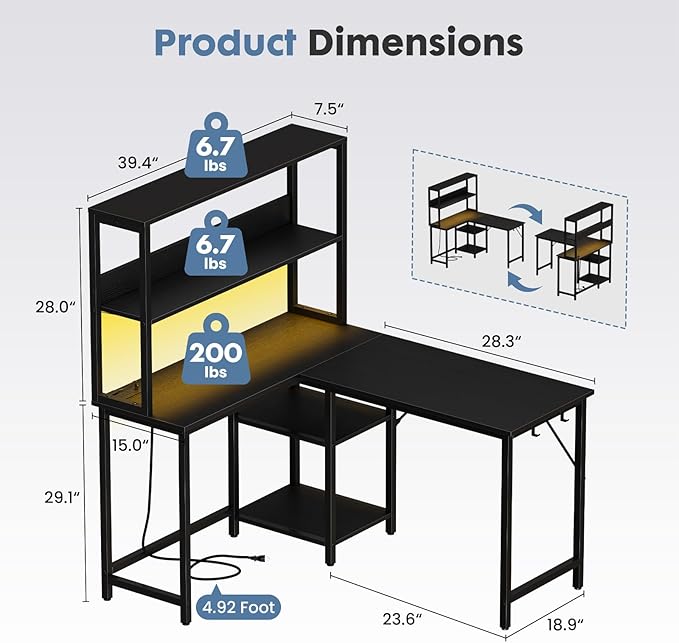DUMOS L Shaped Desk Gaming Desk with LED & Power Outlet 43 in Reversible Corner Computer Table with Adjustable Shelf & CPU Stand, Home Office Writing Table, Black