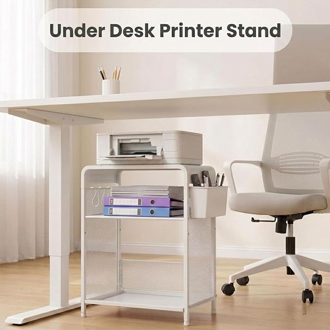 ECOLOVI 3 Tier Printer Stand for Under Desk, Height Adjustable Shelf Small Printer Table with 3 S-Hooks & Basket, Heavy Duty Industrial Storage Shelf for Home Office (White Metal)