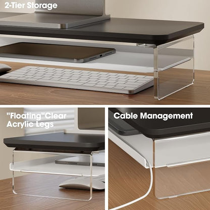 Fenge Acrylic Monitor Stand Riser, 23.6 Inches Monitor Stand with Metal Storage, 2 Tier Acrylic Computer Riser for Desk, Clear Laptop Stand for PC, Laptop, Printer, TV