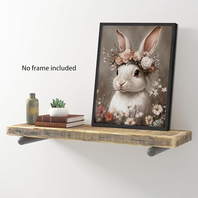 WIARTSH Vintage Easter Bunny Wall Art Poster, White Bunny with Flower Crown Canvas Prints, Cottage Farmhouse Animal Artwork, Rustic Easter Wall Decor for Kids Room Bedroom Living Room 8x10in Unframed