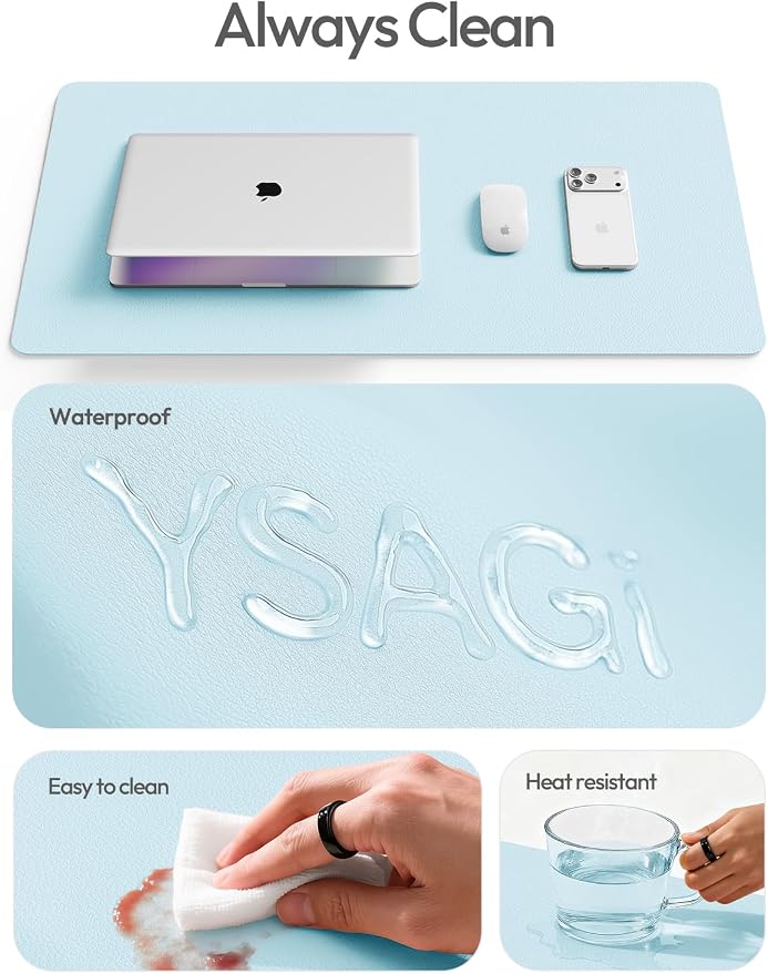 YSAGi Leather Desk Protector, Office Mat, Large Mouse Mat, Non-Slip PU Leather Blotter, Laptop Desk Mat, Waterproof Writing Pad for Office and Home(Baby Blue, 63" x 24")