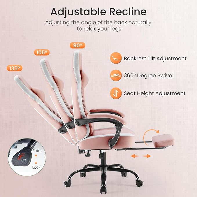 Sweetcrispy Video Gaming Chair: Ergonomic Desk Chair with Footrest and Lumbar Support, Height Adjustable High Back with Linkage Armrests and Headrest, 360° Wheels, Pink
