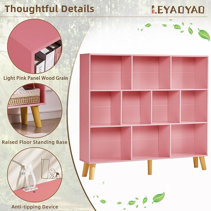 LEYAOYAO 10 Cube Bookshelf,3 Tier Modern Wide Bookcase with Legs,Mid-Century Wood Bookshelves Storage,Light Pink Large Book Case,Freestanding Organizer Display Shelf for Bedroom,Living Room,Office