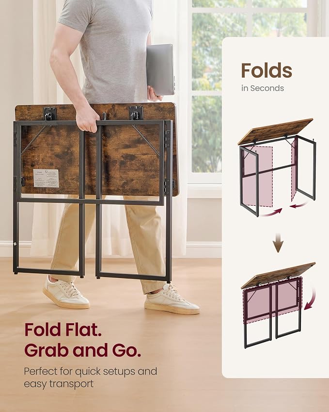 VASAGLE Folding Desk, Foldable Computer Desk, One-Piece Desktop, Rounded Edges, Small Folding Craft Table for Bedroom, Balcony, Camping, Easy Assembly, 31.5 x 15.7 Inches, Rustic Brown ULWD151KD01