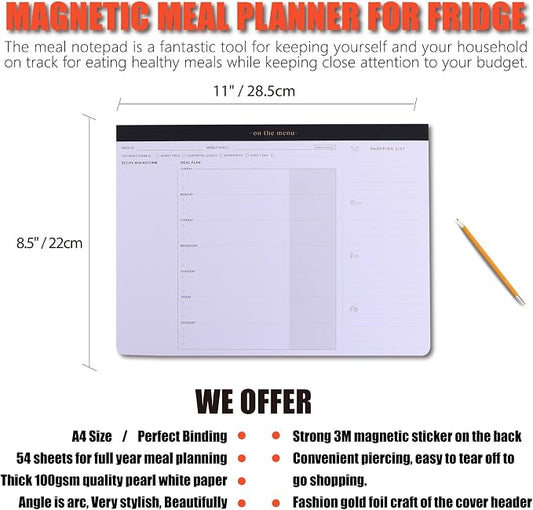 Weekly Meal Planner with Recipes and Grocery List Magnetic Notepad For Fridge - 8.5x11'' Menu Planning Pad With 54 Sheets Tear Off Shopping List For Family Dinner Menu and Meal Prep Planning