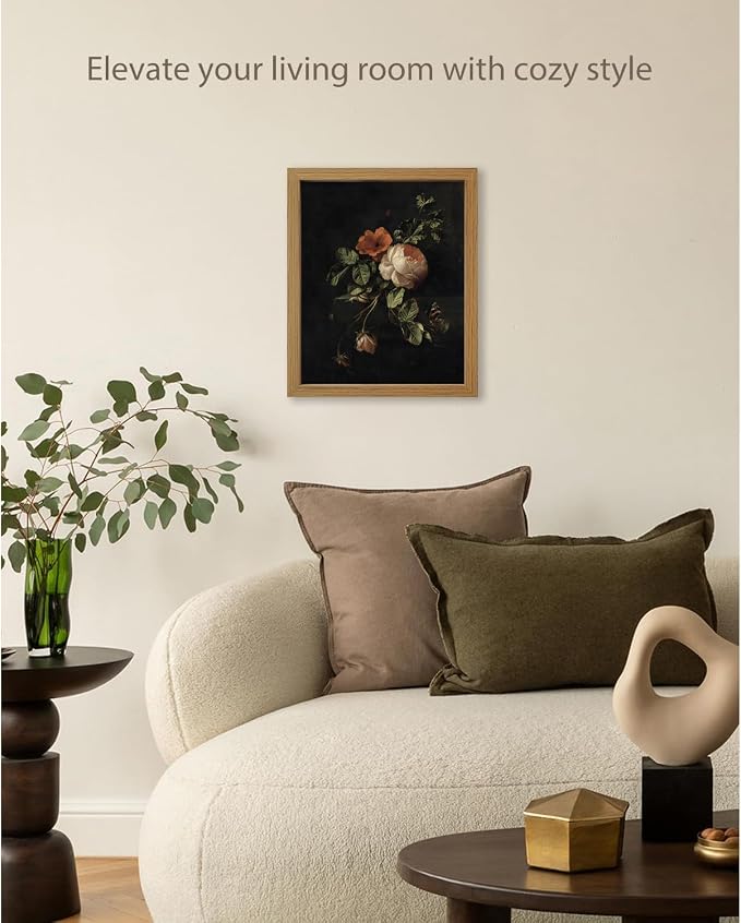 CXQILVER Framed Vintage Dark Floral Wall Art, Botanical Rose Canvas Print, Antique Still Life Flower Painting Rustic Dark Academia Wall Decor, Classical Floral Artwork for Bedroom Living Room 8x10in