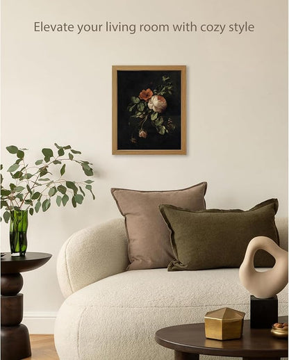 CXQILVER Framed Vintage Dark Floral Wall Art, Botanical Rose Canvas Print, Antique Still Life Flower Painting Rustic Dark Academia Wall Decor, Classical Floral Artwork for Bedroom Living Room 8x10in