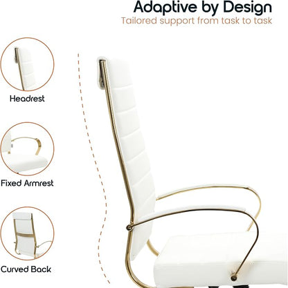 LeisureMod Modern High-Back Leather Office Chair - Swivel & Adjustable Executive Desk Chair with Gold Frame, Ergonomic Design for Home & Office (White, Set of 2)