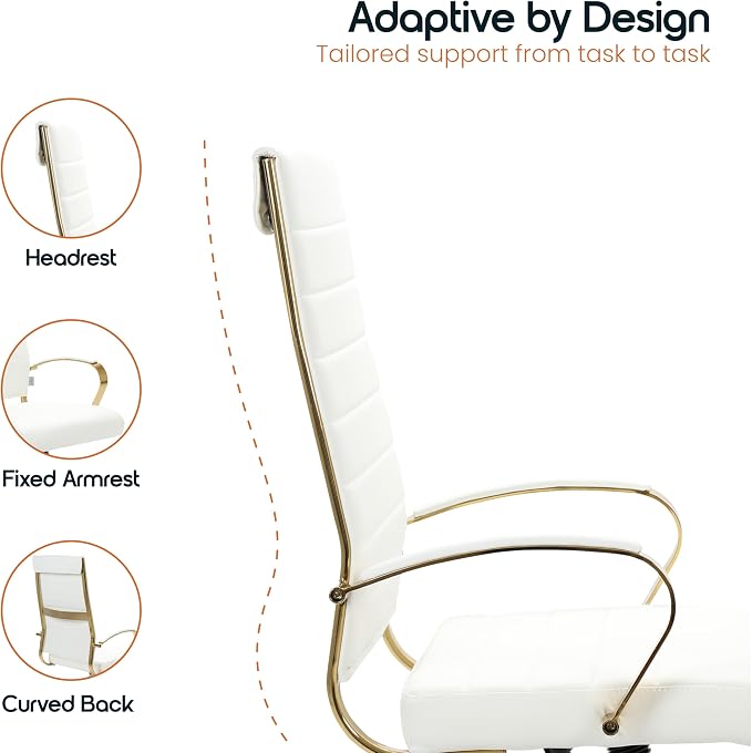 LeisureMod Modern High-Back Leather Office Chair - Swivel & Adjustable Executive Desk Chair with Gold Frame, Ergonomic Design for Home & Office (White, Set of 6)