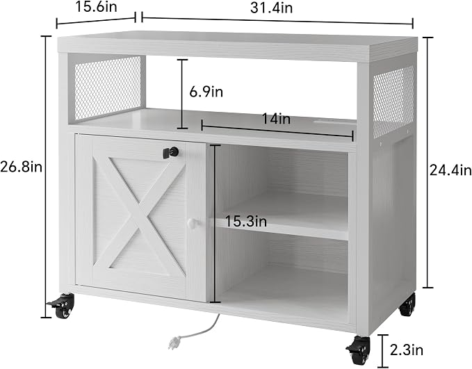 FUSUNBAO Farmhouse Printer Stand with Storage, Rolling Printer Cabinet with Shelves, Charge Station, Wheels, and File Cabinet for Home Office Storage (White)
