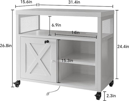 FUSUNBAO Farmhouse Printer Stand with Storage, Rolling Printer Cabinet with Shelves, Charge Station, Wheels, and File Cabinet for Home Office Storage (White)