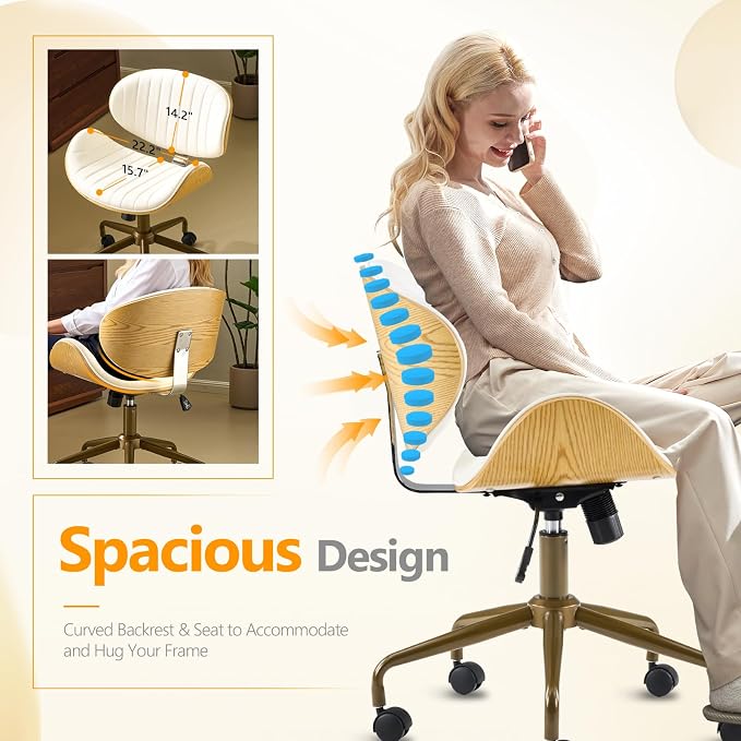 VINGLI Wide Comfotable Swivel Home Office Chair with Wood-Grain Curved Shell,Ergomomic Mid-Back Padded Armless Rolling Desk Chair with Wheels,Height Adjustable for Computer,Task,Work,PU Leather,White