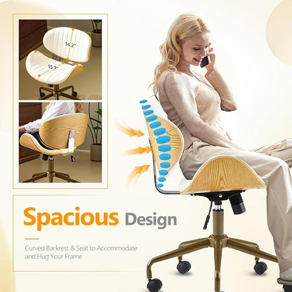 VINGLI Wide Comfotable Swivel Home Office Chair with Wood-Grain Curved Shell,Ergomomic Mid-Back Padded Armless Rolling Desk Chair with Wheels,Height Adjustable for Computer,Task,Work,PU Leather,White