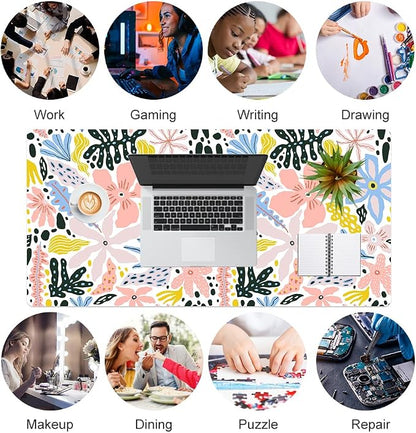QiyI Floral Large Mouse Pad, Cute Desk Mat for Desktop, Women Girls Desk Accessories Office Décor, PU Leather Waterproof Big Gaming Mousepad, Doodle Flowers Desk Pad Computer Mat, 31.5" x 15.7"