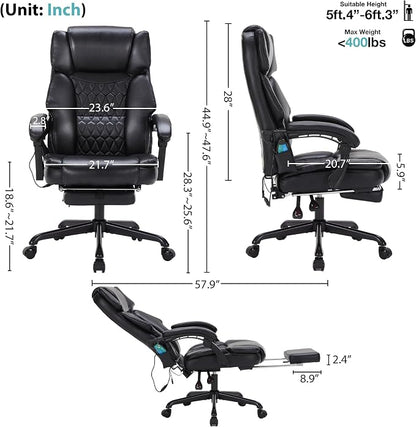 Massage Office Chair with Foot Rest 6 Points Vibration and Heat Home Office Desk Chairs for Heavy People 400lbs Reclining Managerial Chairs Ergonomic Executive Chair (Black)