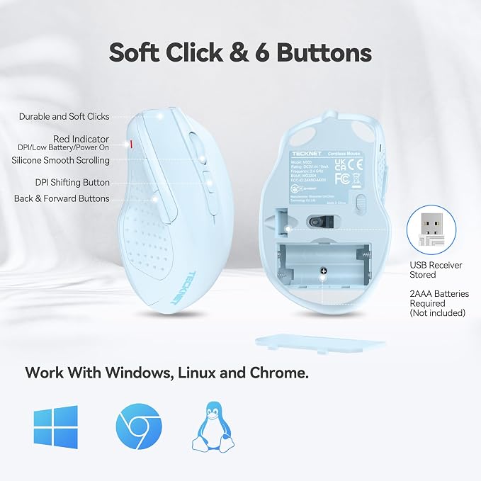 TECKNET Wireless Mouse, 2.4G Ergonomic Optical Mouse, Computer Mouse for Laptop, PC, Computer, Chromebook, Notebook, 6 Buttons, 24 Months Battery Life, 2600 DPI, 5 Adjustment Levels - Lightblue