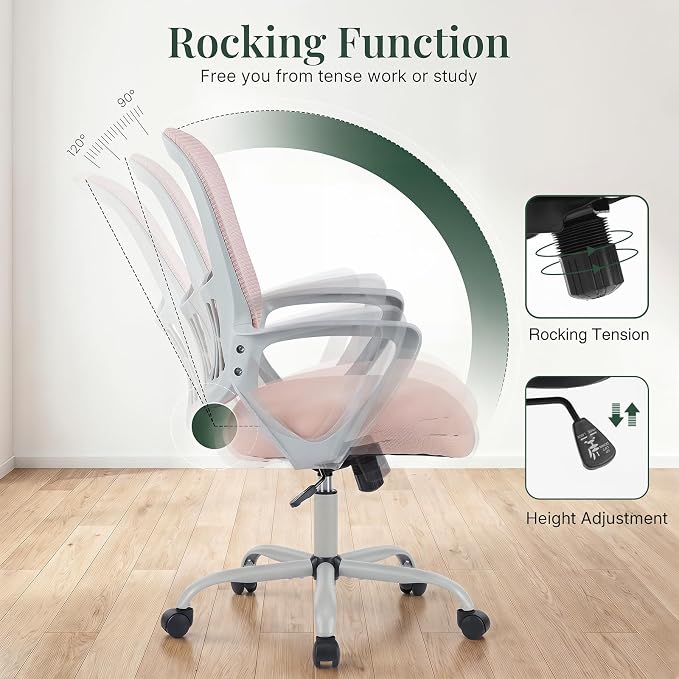 Home Office Desk Chair, Ergonomic Mid-Back Mesh Computer Task Chair with Comfortable Lumbar Support, Height Adjustable Swivel with Fixed Armrest for Adults, Student, Pink