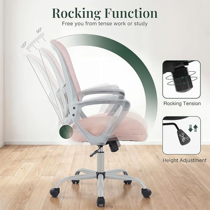 Home Office Desk Chair, Ergonomic Mid-Back Mesh Computer Task Chair with Comfortable Lumbar Support, Height Adjustable Swivel with Fixed Armrest for Adults, Student, Pink