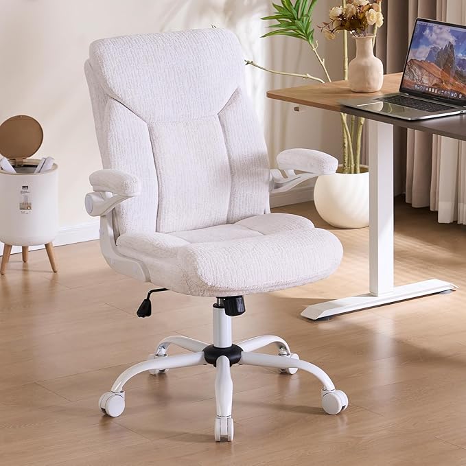 Fabric Executive Office Chair - Ergonomic Computer Chair with Flip-up Arms Comfy Cloth Home Desk Chairs Mid Back Support Adjustable Height Tilt Lock Swivel Rolling Wheels, White