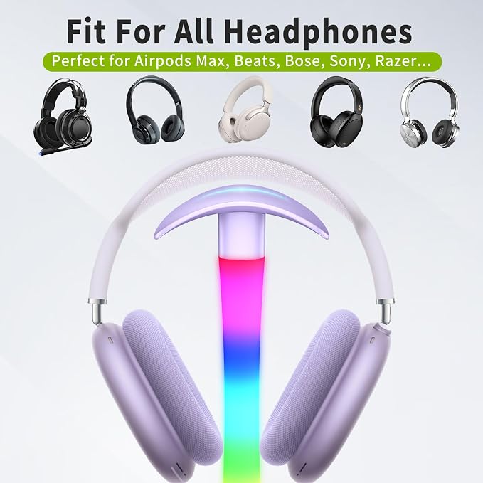 Headphone Stand with Charger,Gaming Headset stand with RGB Light Mode,For Airpod Max Stand,Desk Lamp,Phone Holder,Tablet Holder,desktop organizer,Gifts for Gamers & Music Lover (Purple)