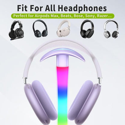 Headphone Stand with Charger,Gaming Headset stand with RGB Light Mode,For Airpod Max Stand,Desk Lamp,Phone Holder,Tablet Holder,desktop organizer,Gifts for Gamers & Music Lover (Purple)
