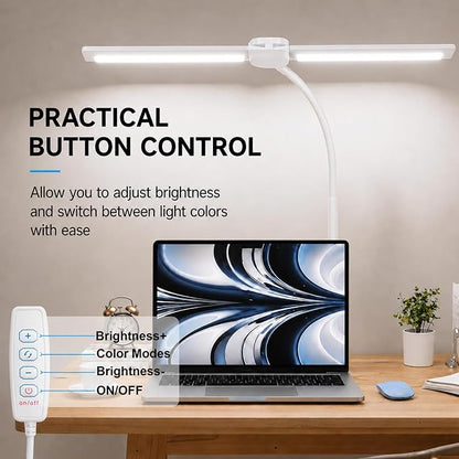 LED Desk Lamp for Home Office, Eye-Care Architect Light with Clamp, Double Head Computer Monitor Table Light with 3 Color Modes 10 Brightness, Adjustable for Reading, Study, Drafting, Workbench, White