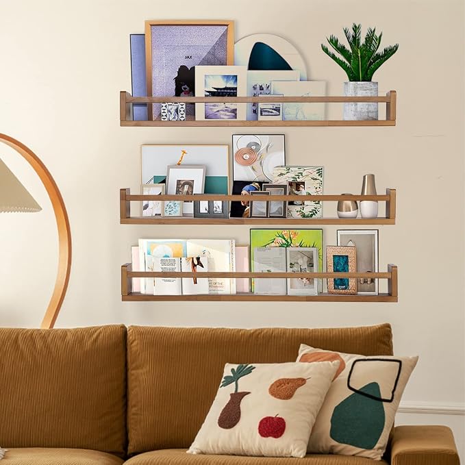 AZSKY Light Walnut Nursery Book Shelves 36 Inch Floating Wall Mounted Bookshelf Kids Room Hanging Shelves Books Storage Organizer a Set of 3
