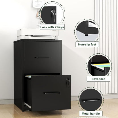 2 Drawer File Cabinet with Lock, Metal Vertical Filing Cabinet, Filing Cabinets for Home Office, Locking File Cabinet Hanging Files for A4/ Legal/Letter, Require Assembly, Black