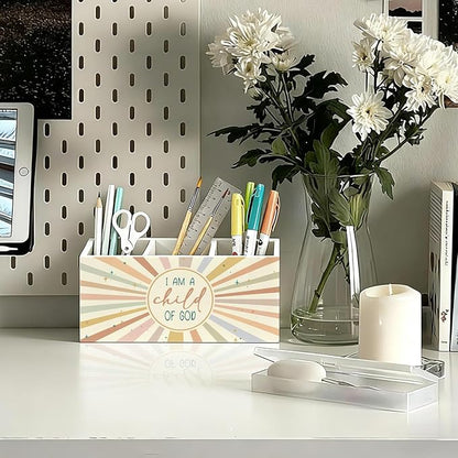 Boho Sunshine Christian Pen Holder, Christian Gifts Pencil Holder for Desk, I Am a Child of God Bible Verse Wooden Box Sign Decorations for Kids Nursery Room Bedroom Classroom Desk Tabletop