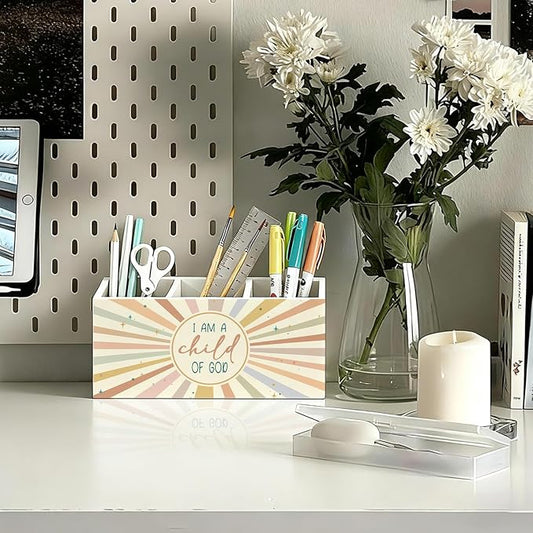 Boho Sunshine Christian Pen Holder, Christian Gifts Pencil Holder for Desk, I Am a Child of God Bible Verse Wooden Box Sign Decorations for Kids Nursery Room Bedroom Classroom Desk Tabletop