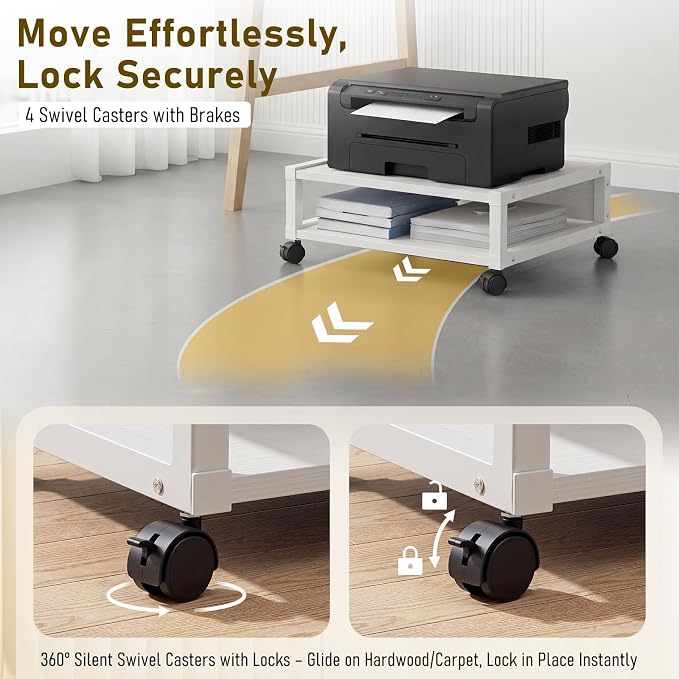 Zonon 2 Tier Printer Stand Under Desk with Lockable Wheels 19.7x15.7x7.9 Inch Rolling Printer Table Cart Under Desk Short Movable Storage Shelf for Home Office Organization(Open Shelf Style,White)