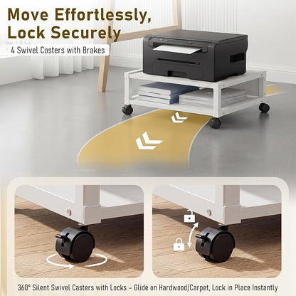 Zonon 2 Tier Printer Stand Under Desk with Lockable Wheels 19.7x15.7x7.9 Inch Rolling Printer Table Cart Under Desk Short Movable Storage Shelf for Home Office Organization(Open Shelf Style,White)
