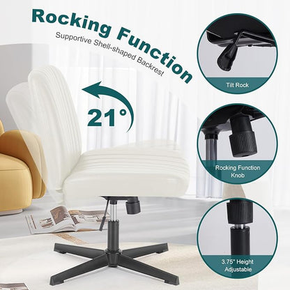 OLIXIS Criss Cross Legged Chairs Armless No Wheels Wide Seat Height Adjustable Swivel Padded PU Leather Home Office Desk Chair for Bedroom, Student, Study Room,Beige