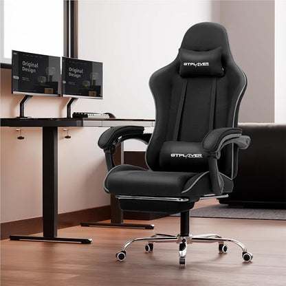 GTPLAYER Gaming Chair, Computer Chair with Footrest and Lumbar Support, Height Adjustable Game Chair with 360°-Swivel Seat and Headrest and for Office or Gaming (Faux Leather, Black)