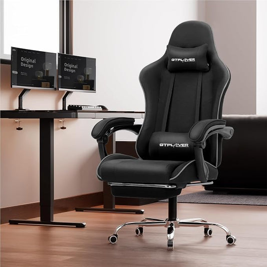 GTPLAYER Gaming Chair, Computer Chair with Footrest and Lumbar Support, Height Adjustable Game Chair with 360°-Swivel Seat and Headrest and for Office or Gaming (Faux Leather, Black)