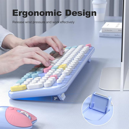 Atelus Wireless Keyboard and Mouse, Full Size Typewriter Keyboard and Cute Cat Shape Design Mouse Combo for Windows 7/8/10, Laptop, Desktop, PC, Computer (Blue)