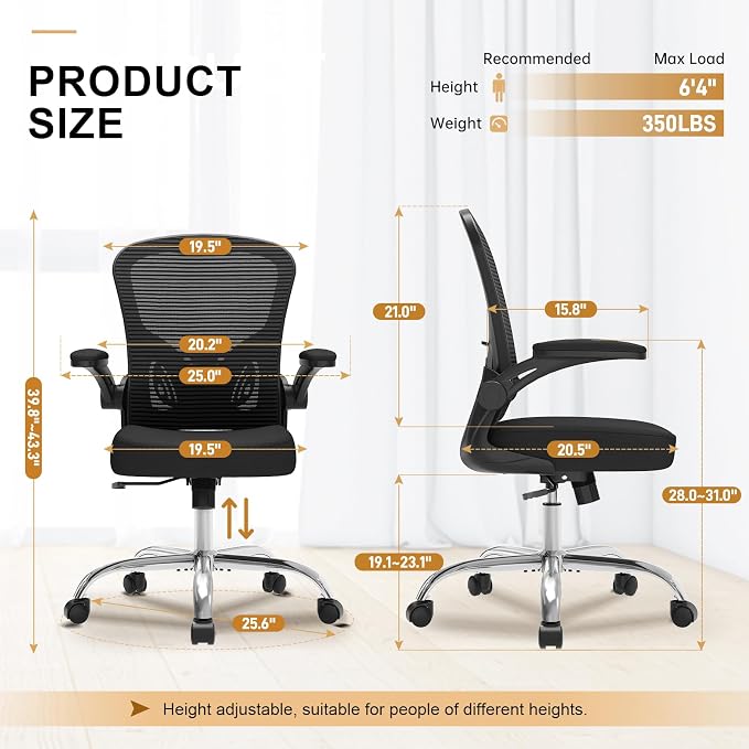 Office Chair, Ergonomic Desk Chairs 330LBS Capacity High Back Mesh Computer Chair with Flip-up Armrests, Comfy Work Chair with Adjustable Lumbar Support, Rolling Chair