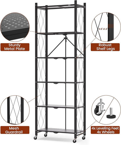 ALANNG 73.6 Inch Folding Bookshelf, 6 Tier Metal Bookcase and Bookshelves, Tall Shelves for Living Room Office Bedroom, Heavy Duty Book Shelve Free Standing Open (Black, 2PACK)