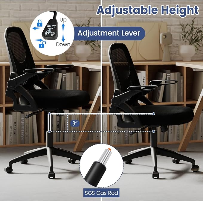 COSTWAY Office Chair, Comfy Swivel Rolling Desk Chair with Adjustable Height & Flip-Up Armrests, Ergonomic Mesh Computer Chairs with Lumbar Support for Working & Gaming (Black)