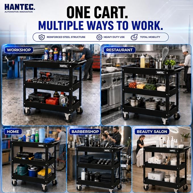Hantec 3-Tier Rolling Mechanic Tool Cart – Heavy-Duty Steel Service Cart on Wheels with 360° Swivel Lockable Casters & Ergonomic Handle, 220 LBS Capacity, 31.9" L x 15" W x 30.7" H, Tool Organizer