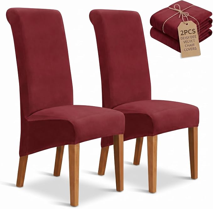 Deisy Dee Stretch XL/Oversized Extra Large Velvet Dining Room Chair Covers for Kitchen Dining，Removable Washable Chair Protectors Slipcovers (Burgandy, 2)