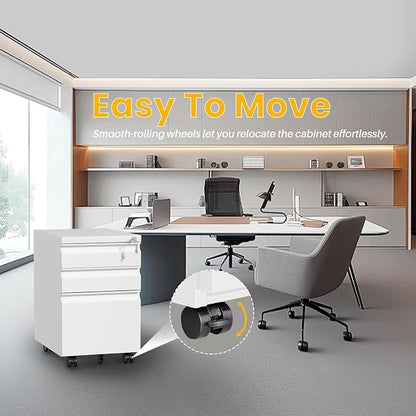 3-Drawer Mobile Steel Filing Cabinet with Lock, Fully Assembled Under Desk File Cabinet for Letter/Legal/A4 Size, Heavy Duty Storage Organizer for Home Office