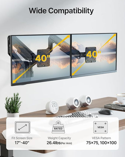 monTEK Dual Monitor Wall Mount for 17 to 40inch Screen, Heavy-Duty Holds up to 26.4lbs,Adjustable Full Motions Mechanical Spring Arm, VESA 75x75/100x100,Black