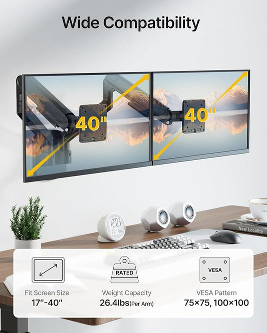 monTEK Dual Monitor Wall Mount for 17 to 40inch Screen, Heavy-Duty Holds up to 26.4lbs,Adjustable Full Motions Mechanical Spring Arm, VESA 75x75/100x100,Black