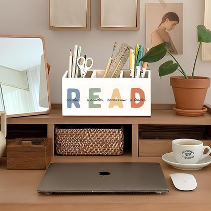 Book Lovers Gifts Pen Holder, Book Reader Gifts Pencil Holder for Desk, Boho Read Today a Reader Tomorrow a Leader Wooden Box Sign Decorations for Reading Room Classroom Desk Tabletop
