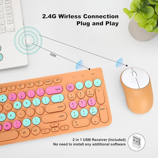 Wireless Keyboard and Mouse Combo, Retro Typewriter Keyboard with Round Keycaps, 2.4GHz USB Cute Wireless Keyboard Mouse for Computer, Desktop, Laptop and Computer (Orange Colorful)