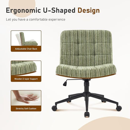 Furnimart Heavy-Duty Curved FSC Wood Desk Chair 360° Swivel,Premium Chenille Criss Cross Chair with Wheels Wide Seat, Comfy Armless Cross Legged Sitting for Bedroom, Office, Vanity(Green)