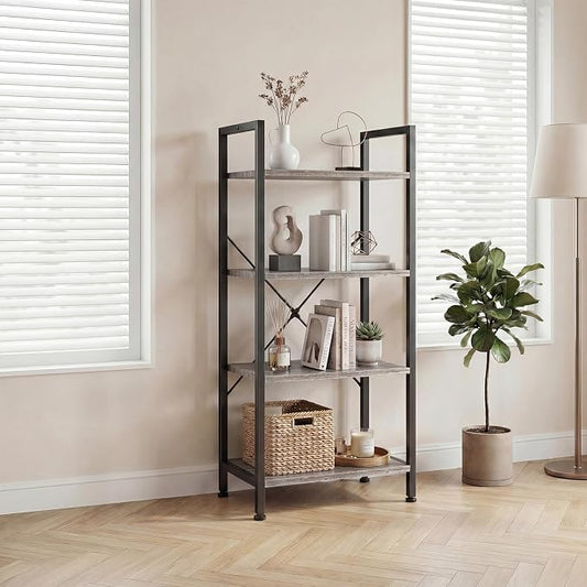 DUMOS 4 Tiers Open Bookshelf, Classic Freestanding Tall Display Shelf, Multifunctional Storage Organizer Rack for Living Room Home Office, Sturdy Bookcase for CDs/Books/Movies, Wood Grey