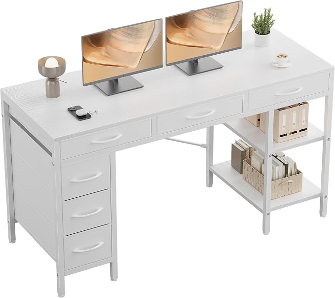 OLIXIS Computer Desk with 6 Drawers, 55 inch Office Workstation with Storage Shelves, Reversible Gaming Setup, Corner Table with Storage Drawers, Work for Home Office, Study, Living Room, White