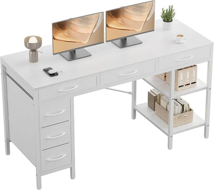 OLIXIS Computer Desk with 6 Drawers, 55 inch Office Workstation with Storage Shelves, Reversible Gaming Setup, Corner Table with Storage Drawers, Work for Home Office, Study, Living Room, White
